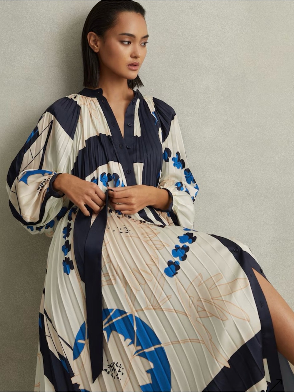 NWT Reiss Pleated Floral Maxi Dress in Navy, Cream & Blue SZ M